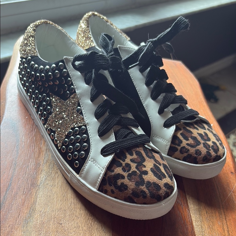 Leopard Print and Studded Sneakers with Gold Accents